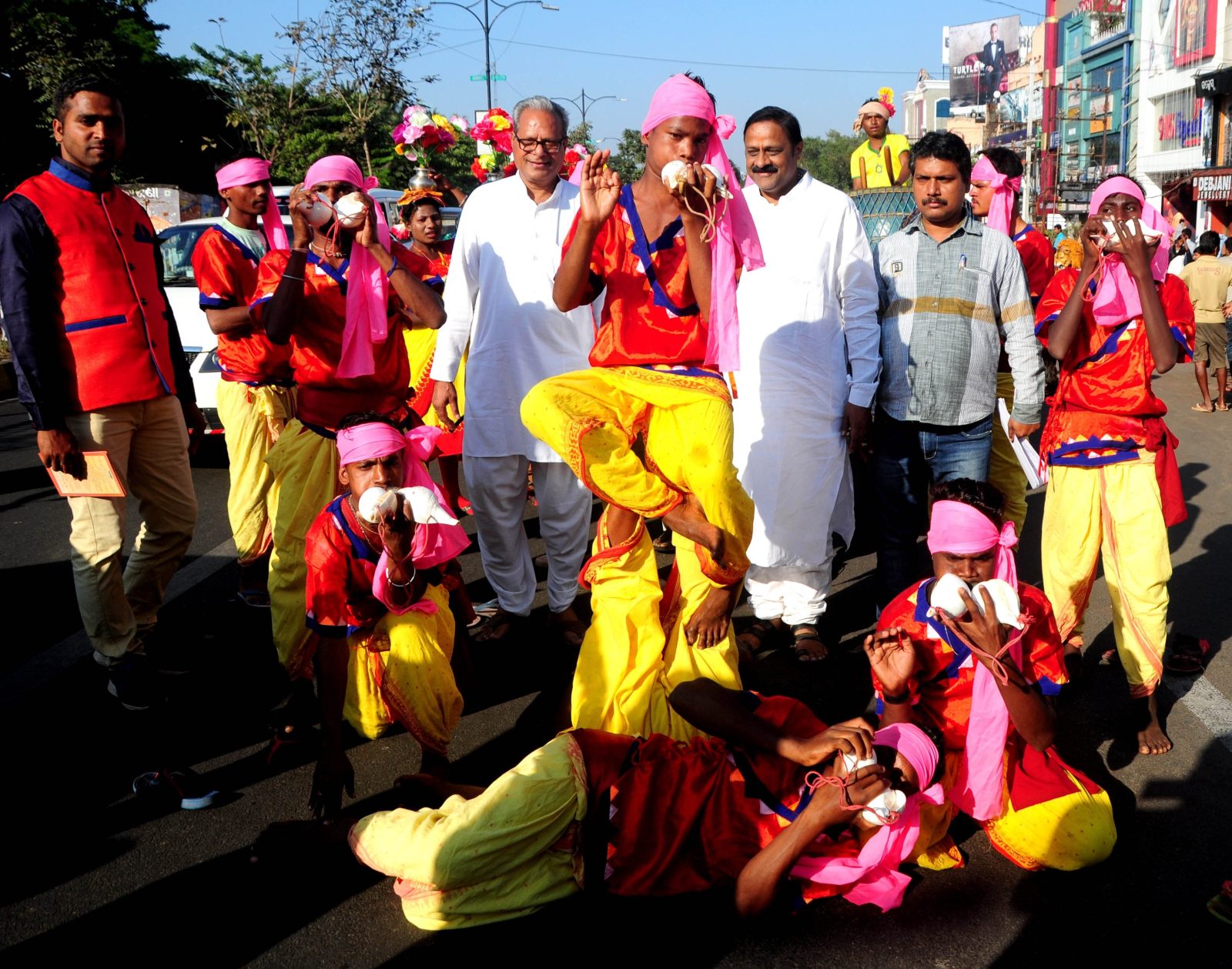Conch Blowers perform their art during the ‘Aagyaan Maala’ procession from Ram Mandir to the HSS Fair venue, Baramunda Ground, Bhubaneswar.jpg
